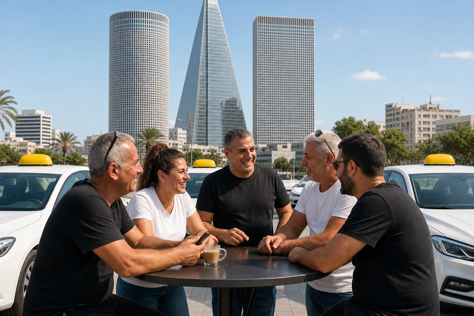 מפגש נהגי מוניות ליד מוניות לבנות ומגדלי עזריאלי בתל אביב