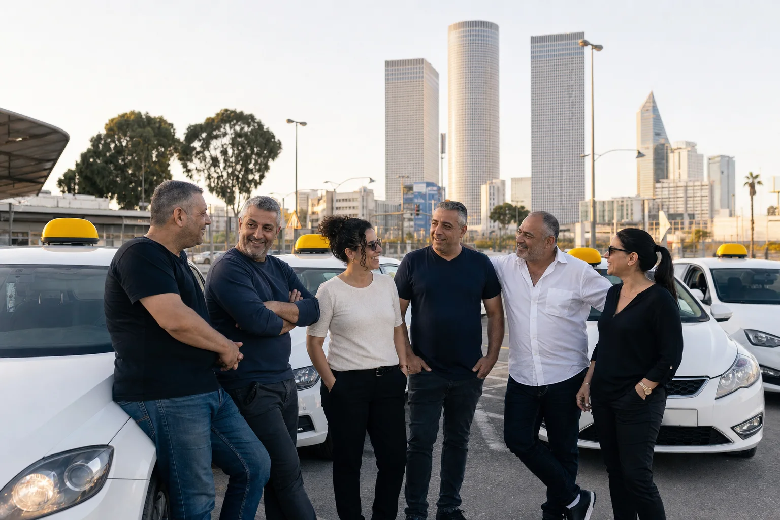 נהגי מוניות ישראלים לצד מוניות לבנות עם כובע צהוב ומגדלי עזריאלי ברקע