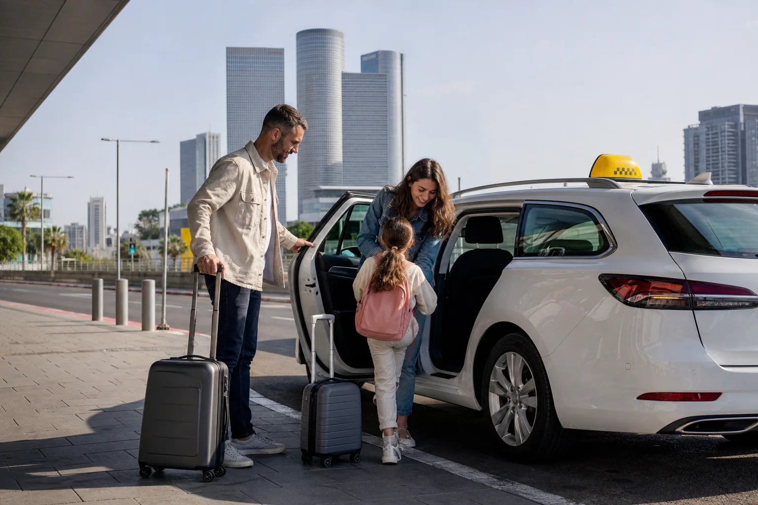 משפחה עולה למונית לבנה עם כובע צהוב ומזוודות בתל אביב